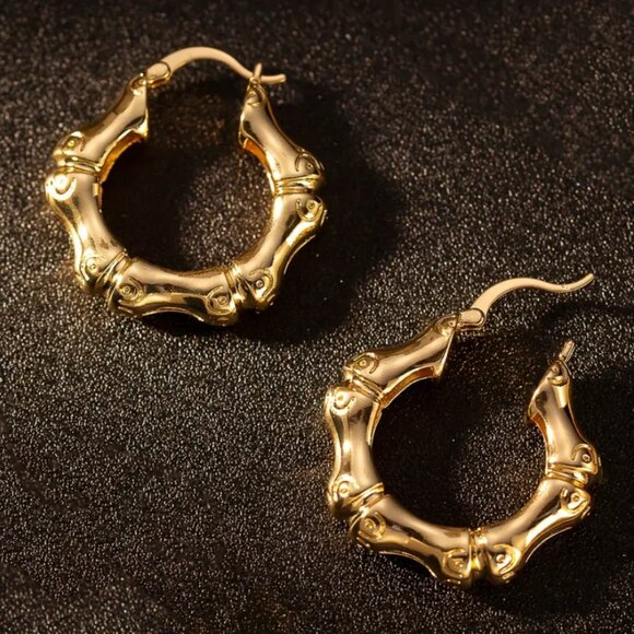 14K Gold Womens Large Chunky Bamboo Hoop Earrings Ladies 14 Karat Silver Jewelry